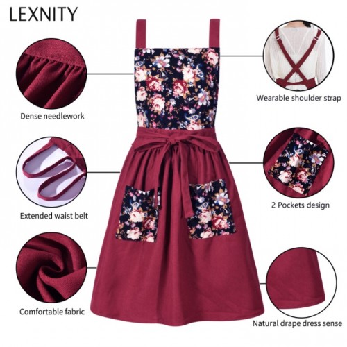 Lexnity Vintage Pinafore Apron Dress for Women with Pockets Cute Floral Chef Aprons for Kitchen Cooking Baking Gardening (Red)