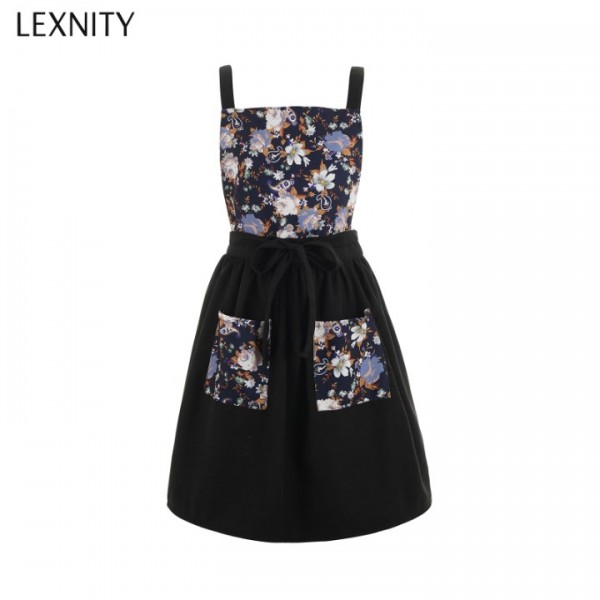 Lexnity Vintage Pinafore Apron Dress for Women with Pockets Cute Floral Chef Aprons for Kitchen Cooking Baking Gardening (Black)