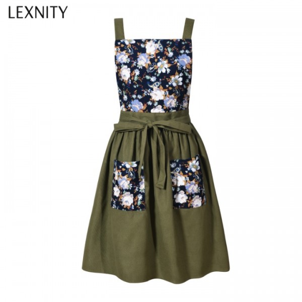 Lexnity Vintage Pinafore Apron Dress for Women with Pockets Cute Floral Chef Aprons for Kitchen Cooking Baking Gardening (Green)