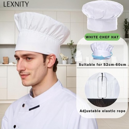 Lexnity 2 Pcs Adult Chef Hat for Men Women Cotton Adjustable Elastic for Kitchen Cooking Baking Restaurant(White)