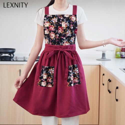 Lexnity Vintage Pinafore Apron Dress for Women with Pockets Cute Floral Chef Aprons for Kitchen Cooking Baking Gardening (Red)