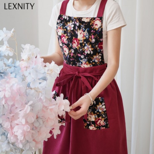 Lexnity Vintage Pinafore Apron Dress for Women with Pockets Cute Floral Chef Aprons for Kitchen Cooking Baking Gardening (Red)