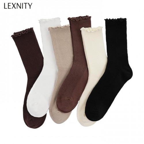 Lexnity 6 Pairs Ruffle Socks for Women，Frilly Socks Women，Solid Color Cute Ankle Lettuce Edge Soft Crew Socks