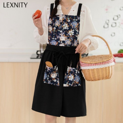 Lexnity Vintage Pinafore Apron Dress for Women with Pockets Cute Floral Chef Aprons for Kitchen Cooking Baking Gardening (Black)